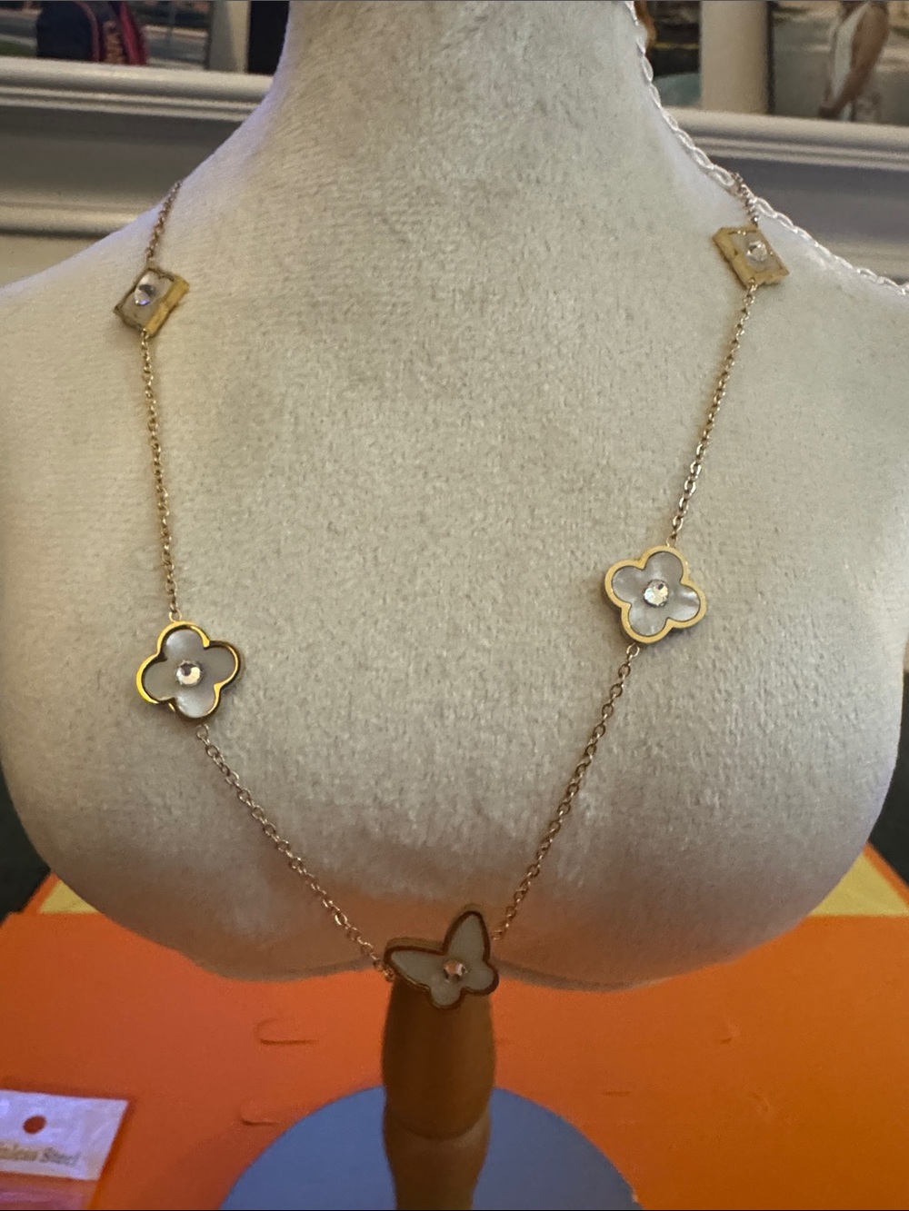 Gold-Tone Floral Station Long Necklace with White Mother-of-Pearl Accents